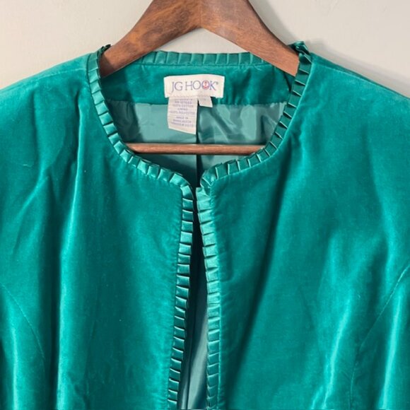 Vintage Velvet & Satin Green Holiday Glam Cardigan Blazer Ruffled Trim Large - Picture 3 of 8